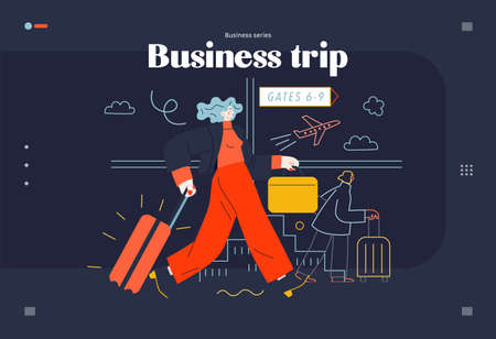 Business topics -business trip, web template, header. Flat style modern outlined vector concept illustration. Young woman with suitcase walking by the moving walkway in the airport. Business metaphor.のイラスト素材