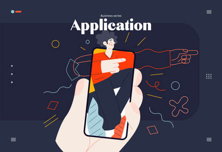 Business topics -mobile application, web template, header. Flat style modern outlined vector concept illustration. A hand holding a smartphone with young man, pointing the direction. Business metaphorのイラスト素材