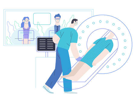 Medical tests illustration - MRT - magnetic resonance tomography - modern flat vector concept digital illustration of MRI procedure - a patient in the scanner and doctor, medical office or laboratoryのイラスト素材