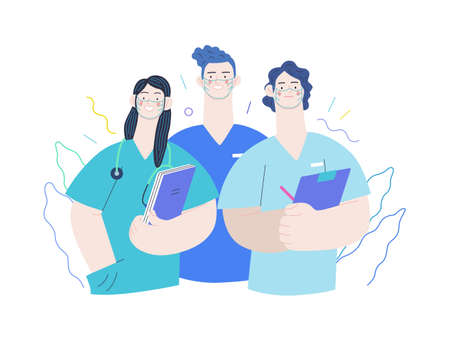 Medical insurance -internship jobs -modern flat vector concept digital illustration - young medical specialists standing together, team of interns concept, medical office or laboratoryのイラスト素材