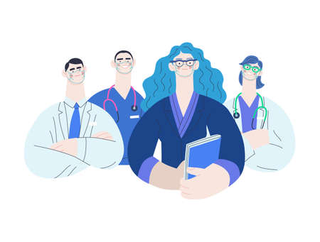 Medical insurance illustration -hospital administrator -modern flat vector concept digital illustration - a female hospital administrator with a team of doctors concept, medical office or laboratoryのイラスト素材