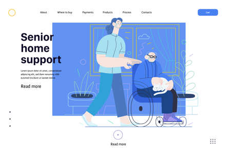 Medical insurance - senior home support - modern flat vector concept digital illustration -a nurse rolling a wheel chair with a senior patient at his home. Home medical service, part of insurance planのイラスト素材