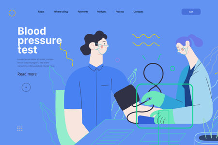 Medical tests template - blood pressure test - modern flat vector concept digital illustration of blood pressure measurement procedure - a patient and doctor with a meter, medical office or laboratoryのイラスト素材