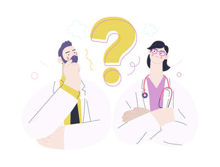 Medical insurance template -second opinion on a matter -modern flat vector concept digital illustration of two doctors and a question mark, second medical opinion metaphor, medical insurance planのイラスト素材