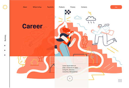 Business topics - career, web template, header. Flat style modern outlined vector concept illustration. People climbing the mountain.のイラスト素材