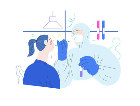 Medical tests illustration - testing for COVID-19 - modern flat vector illustration of coronavirus test procedure - a patient and doctor wearing protective suit and respirator, the medical laboratoryのイラスト素材