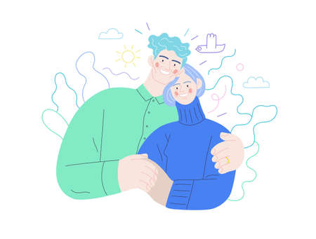Medical insurance illustration -senior citizen health plan -modern flat vector concept digital illustration of a happy elderly embracing couple, medical insurance planのイラスト素材