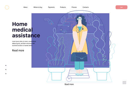 Medical insurance template -home medical assistance -modern flat vector concept digital illustration -nurse standing at the private residence entrance door Home medical service, part of insurance planのイラスト素材