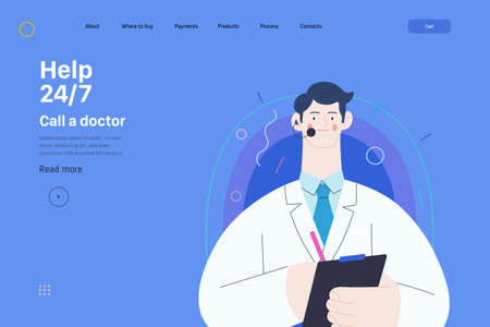Medical insurance template -help 24 per 7, call us -modern flat vector concept digital illustration of male doctor with headset talking on the phone for a medical consultation. Medical company serviceのイラスト素材