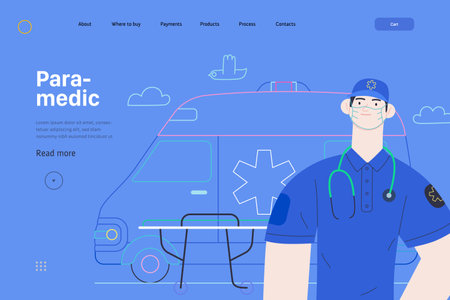Medical insurance template -ambulance transport and emergency evacuation -modern flat vector concept digital illustration of a male paramedic and ambulance van. Medical service and insuranceのイラスト素材