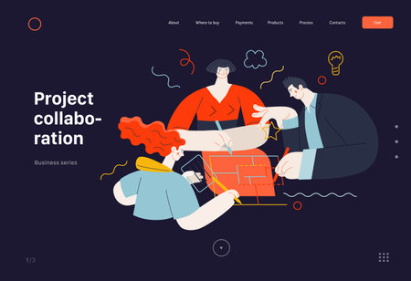 Business topics - project collaboration, web template. Flat style modern outlined vector concept illustration. A group of people working on the project drawing it together. Business metaphor.のイラスト素材