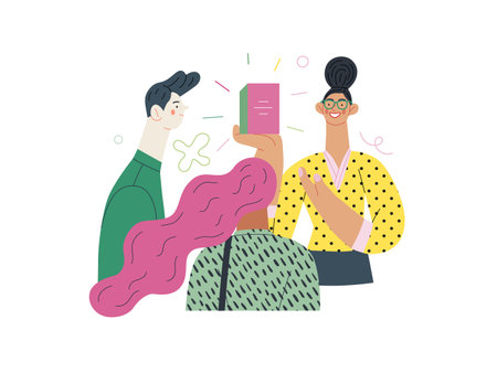 Discounts, sale, promotion - shop consultant - modern flat vector concept illustration of customers and a salesperson telling about and offering the productのイラスト素材
