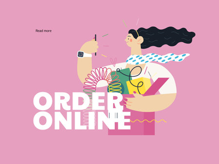 Discounts, sale, promotion - online shopping- modern flat vector concept illustration of a young woman holding a box full of goods. Delivery and online orders concept. Order online callのイラスト素材