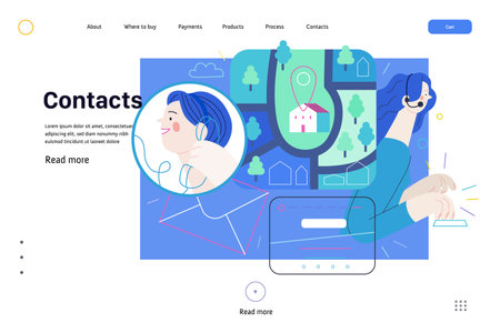 Medical insurance web page template- clinic contacts -modern flat vector concept illustration of contact details -direction, map, email, phone, contact form, call operator. Medical helpのイラスト素材