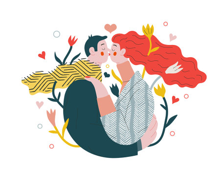 Couple in love. A young hetoresexual couple kissing and embracing. Hearts and flowers. Cute characters in love concept.のイラスト素材
