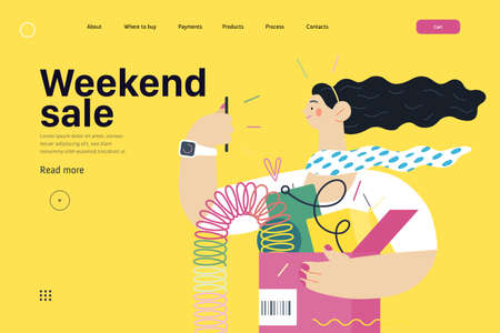 Online shopping web template. Modern flat vector concept illustration of a young woman holding a box full of goods. Delivery and online orders concept. Weekend saleのイラスト素材