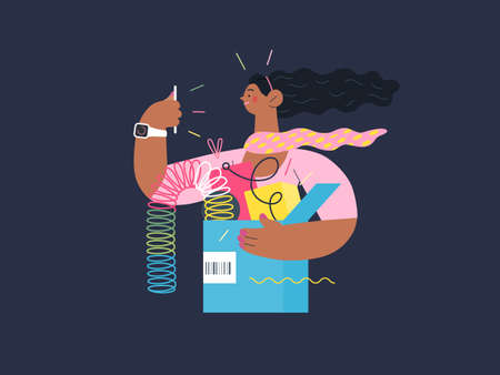 Modern flat vector concept illustration of a young woman holding a box full of goods. Delivery and online orders concept.のイラスト素材