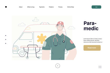 Ambulance transport and emergency evacuation. Modern flat vector concept digital illustration of a male paramedic and ambulance van. Medical service and insuranceのイラスト素材
