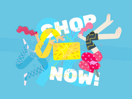 Discounts, sale, promotion voucher - modern flat vector concept illustration of people dancing with a gift or discount card. Shop nowのイラスト素材