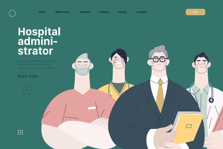 Hospital administrator. A male hospital administrator with a team of doctors concept, medical office...