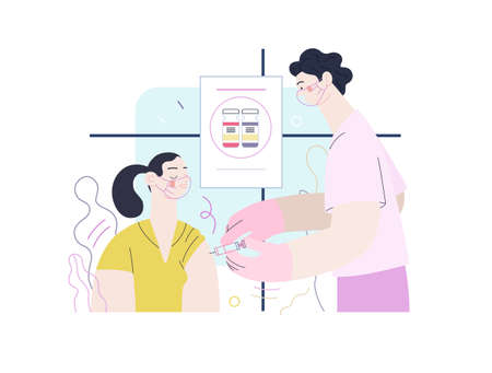 Medical insurance  vaccination -modern flat vector concept digital illustration of a therapist vaccinating a female patient, medical office or laboratoryのイラスト素材