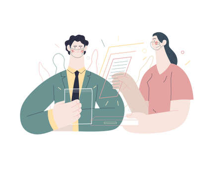 Medical insurance illustration -list of documents -modern flat vector concept digital illustration - a male hospital administrator reading papers and a nurse with documents in the medical officeのイラスト素材