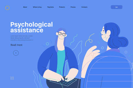 Medical insurance web template -psychological support -modern flat vector concept illustration of therapist wearing glasses, taking session notes in notepad, female patient talking about her problemのイラスト素材