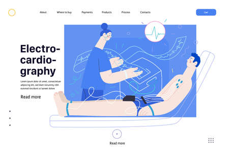 ECG electrocardiography - medical tests web template. Modern flat vectorのイラスト素材