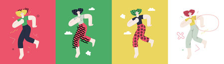 Happiness - happy people jumping in the air cheerfullyのイラスト素材