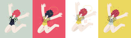 Happiness - happy people jumping in the air cheerfullyのイラスト素材