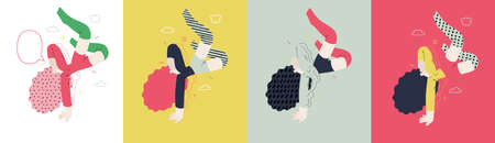 Happiness - happy young woman jumping in the air cheerfully. Modern flat vector concept illustration of a happy jumping and dancing person. Feeling and emotion concept.のイラスト素材