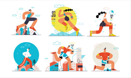 Runners - a set of illustrations of running and exercising outside peopleのイラスト素材