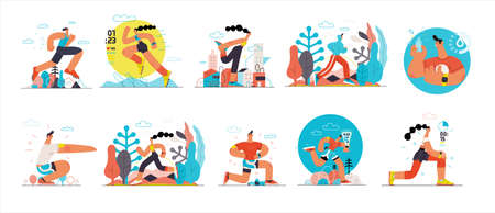 Runners set. Flat vector concept illustrations of male and female athletes running in the park, forest, stadium track or street landscape. Healthy activity and lifestyle. Sprint, jogging, warming up.のイラスト素材
