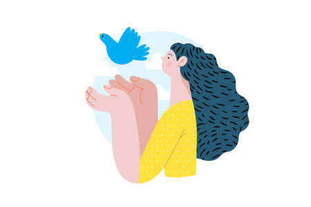 War and peace - Dove of peace -modern flat vector concept digital illustration of young woman releasing a dove. Ukranian flag colored illustartion. Creative anti-war poster.のイラスト素材