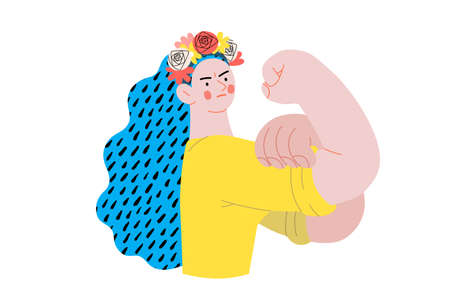 War and peace - We can do it -modern flat vector concept digital illustration of a young Ukranian woman posing with gesture from a famous war poster. Creative anti-war poster.のイラスト素材