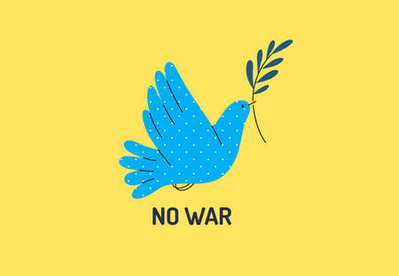 War and peace - Dove of peace -modern flat vector concept digital illustration of a dove holding an olive branch. Ukranian flag colored illustartion. Creative anti-war poster.のイラスト素材
