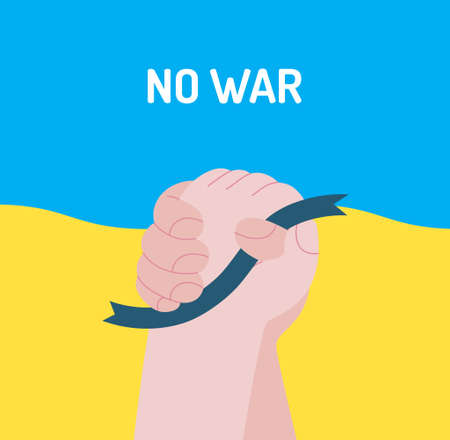 War and peace - Handshake -modern flat vector concept digital illustration of two hands holding together a ribbon, on the Ukranian flag colored background, in fight gesture. Creative anti-war poster.のイラスト素材