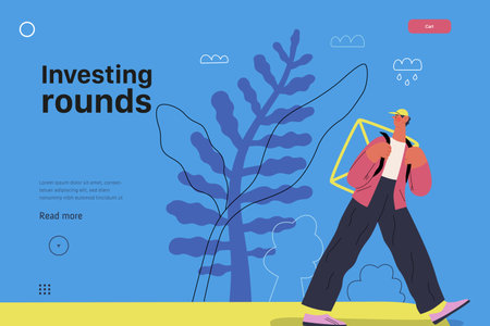Startup illustration, website landing template Flat line vector modern concept illustration, startup metaphor. Concept of building new business, strategy, company processes. Investing roundsのイラスト素材
