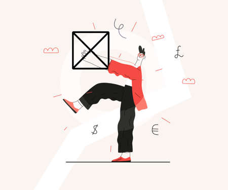 Startup illustration. Flat line vector modern concept illustration of a young man, startup metaphor. Concept of building new business, planning and strategy, teamwork and management, company processesのイラスト素材