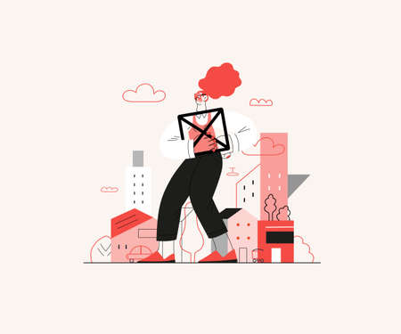 Startup illustration. Flat line vector modern concept illustration of young woman, startup metaphor. Concept of building new business, planning and strategy, teamwork and management, company processesのイラスト素材