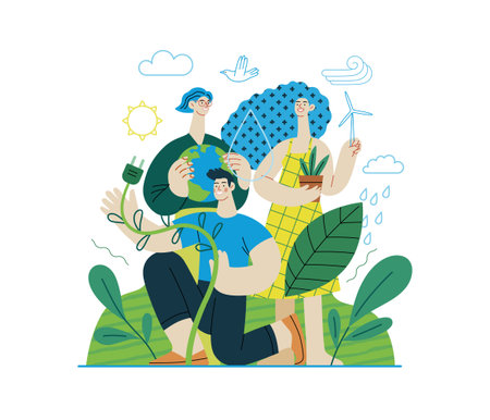 Ecology - Go green -Modern flat vector concept illustration of ecology metaphor, People surrounded by natural ecological and Renewable energy symbols. Creative landing web page illustartionのイラスト素材