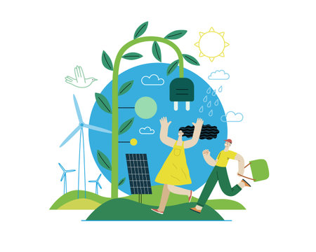 Ecology - Renewable energy -Modern flat vector concept illustration of Solar panels, Wind turbines,...