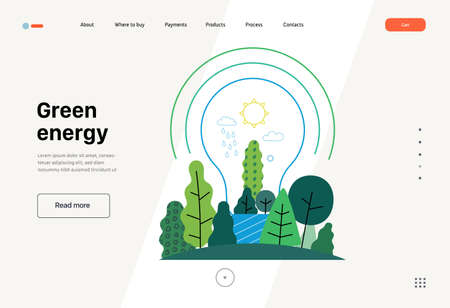 Ecology - Green energy -Modern flat vector concept illustration of electric light bulb filled with trees and plants. a metaphor of sustainable renewable energy. Creative landing web page templateのイラスト素材