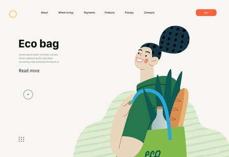 Ecology - Eco bag -Modern flat vector concept illustration of a young woman holding a reusable grocery bag. Creative landing web page templateのイラスト素材