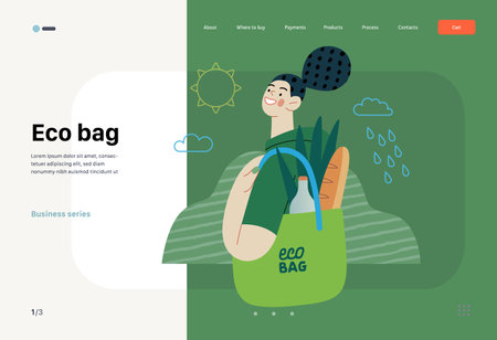 Ecology - Eco bag -Modern flat vector concept illustration of a young woman holding a reusable grocery bag. Creative landing web page templateのイラスト素材