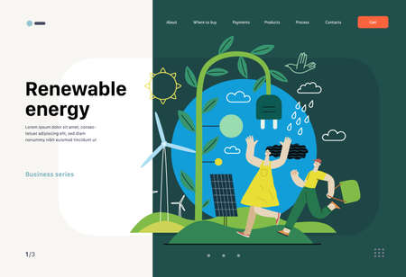 Ecology - Renewable energy -Modern flat vector concept illustration of Solar panels, Wind turbines, Rain power. A young woman and a boy running. Creative landing web page templateのイラスト素材