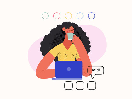 Sell online - Online shopping and electronic commerce series - modern flat vector concept illustration of a woman selling online with a laptop. Promotion, discounts, sale and online orders conceptのイラスト素材