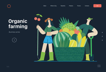 Ecology - Organic farming -Modern flat vector concept illustration of ecology metaphor, a man and a woman with harvest in the basket. Creative landing web page templateのイラスト素材