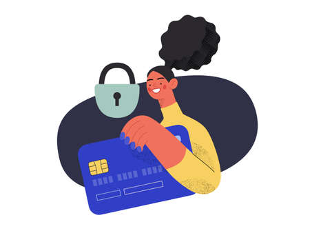 Safe payment - Online shopping and electronic commerce series - modern flat vector concept illustration of a woman with a plastic card and a lock. Protection and security of online orders conceptのイラスト素材