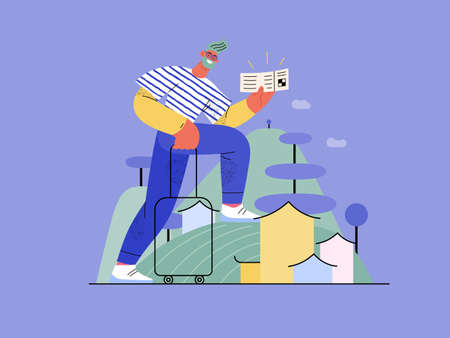 Travel shop -Online shopping and electronic commerce series -modern flat vector concept illustration of a travelling man with a case and ticket. Promotion, discounts, sale and online orders conceptのイラスト素材